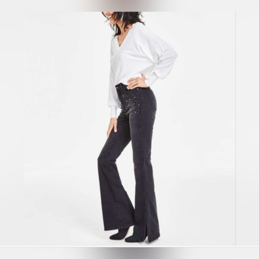 INC INTERNATIONAL CONCEPTS black High Rise Rhinestone Studded Flare Jeans size 2